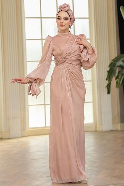 N.S NEVA STYLE Drape Detailed Biscuit Hijab Evening Dress 52285Bs