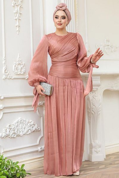 N.S NEVA STYLE Drape Detailed Copper Hijab Evening Dress 53631Bkr