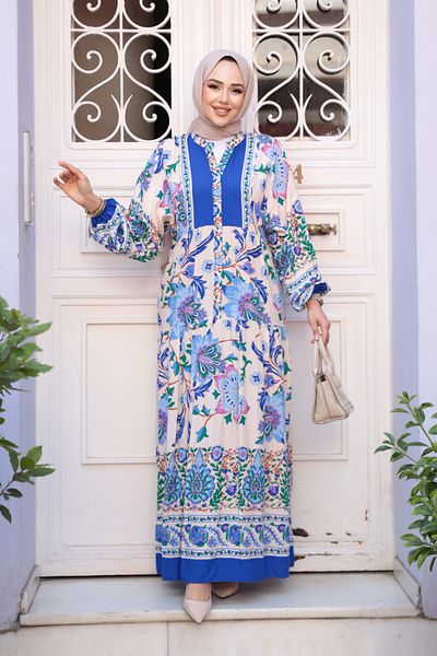 N.S NEVA STYLE Φόρεμα με λουλούδια Sax Blue Hijab 24012SX
