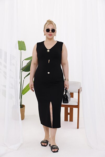 Siyezen Plus Size Modal Fabric Gold Accessory Dress