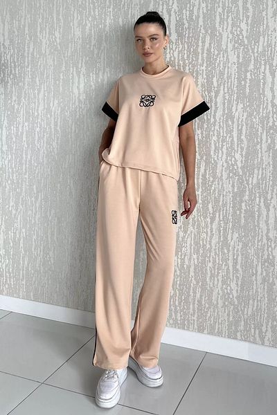 GÜLSELİ Powder Women's Plus Size Color Garnished Front Embroidered T-Shirt Trousers Two-Piece Set