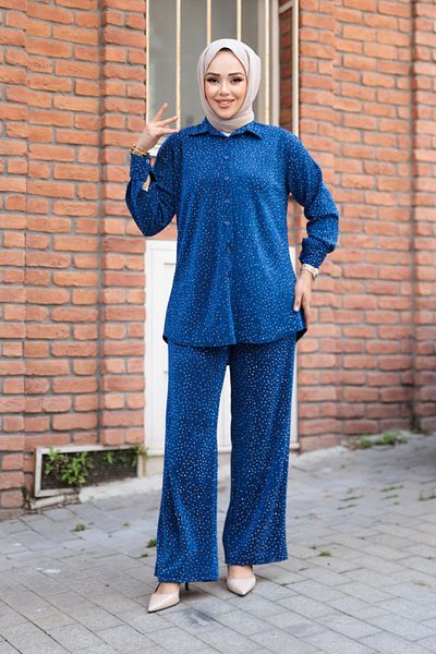 N.S NEVA STYLE Stoned Indigo Blue Hijab Double Set 12921Im