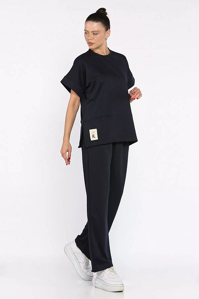 GÜLSELİ Dark Navy Blue Women's Plus Size Embroidered T-Shirt Pants Double Set