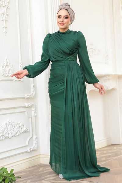 N.S NEVA STYLE Βραδινό φόρεμα Hijab με λεπτομέρεια πράσινο 52585Y