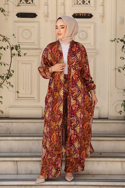 N.S NEVA STYLE Patterned Orange Hijab Double Kimono Set 12885t
