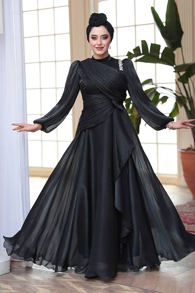 N.S NEVA STYLE Μαύρο Χιτζάμπ Βραδινό Φόρεμα με Drapery Detail 51641S
