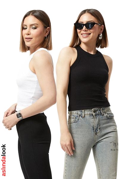 Aslında Look Short Sleeve Strap Halter Neck Ribbed Bady Undershirt - Comfortable Fit Black - White 2-Piece - Length 50 cm