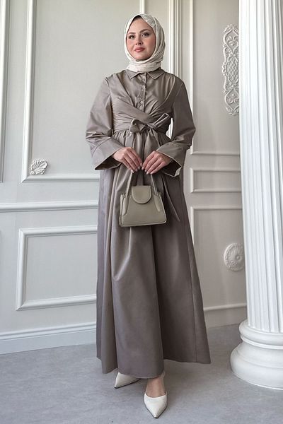 InStyle Wide Sleeve Tie Detail Poplin Mink Dress