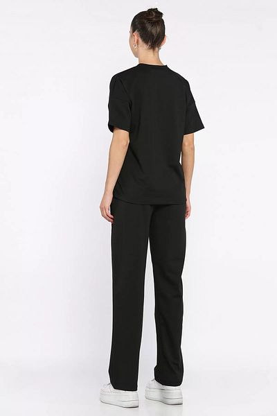 GÜLSELİ Black Women's Heart Embroidered Crew Neck T-Shirt Pants Two-Piece Set