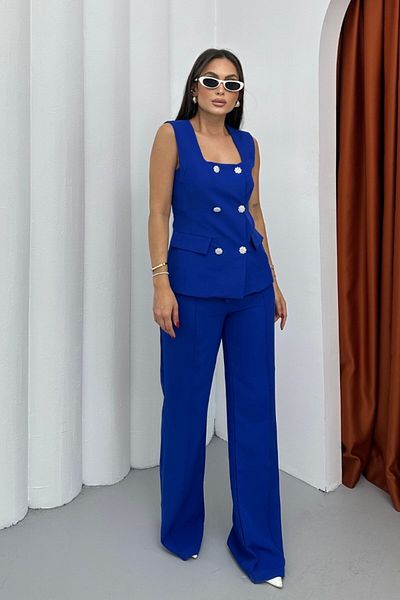 spirituel Women's Double Bottom Top Set Stylish Button Detailed Square Neck Vest Pants Set