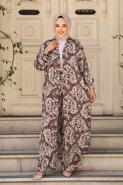 N.S NEVA STYLE Patterned Brown Hijab Double Kimono Set 12884Kh