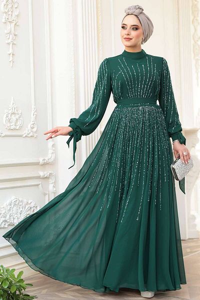 N.S NEVA STYLE - Βραδινό φόρεμα με χάντρες Πράσινο Hijab 25913Y
