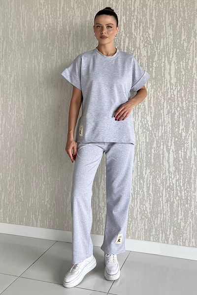 GÜLSELİ Gray Women's Plus Size Embroidered T-Shirt Pants Double Set