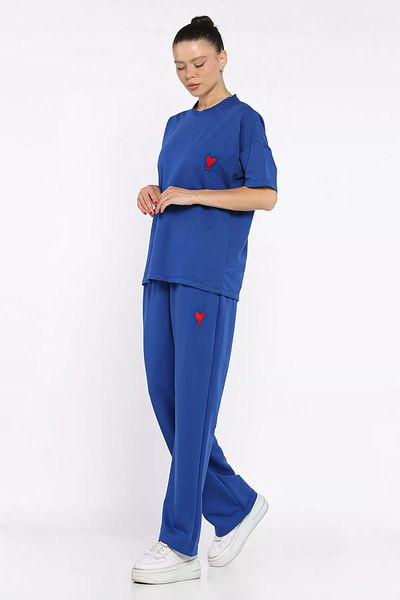 GÜLSELİ Saxblue Women's Heart Embroidered Crew Neck T-Shirt Pants Double Suit