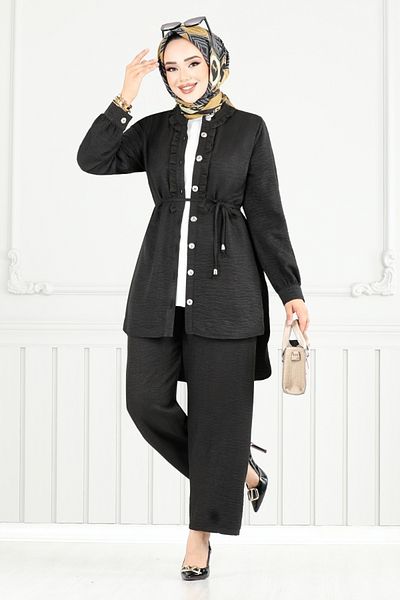 ModaMerve Front Buttoned Hijab Suit 022Mr1077-M Black