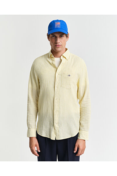 Gant Erkek Sarı Regular Fit Düğmeli Yaka Çizgili Gömlek