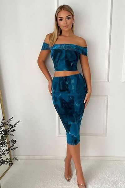 Mossta Patterned Tulle Crop Blouse and Midi Skirt Set - Blue