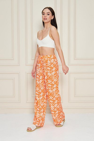 Kutaf Orange Floral Patterned Summer Trousers with Elastic Waist