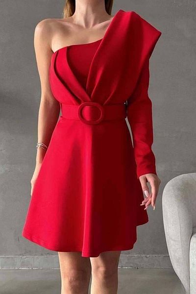 Mossta One Sleeve Belt Detailed Scuba Evening Dress - Red