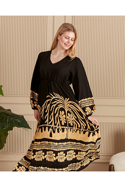 EL jadida Kadın Desenli Büyük Beden Tesettür Viskon Elbise Siyah