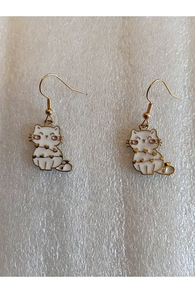 Butik Tülin Authentic Gold Metal White Enamel Tiny Heart Kitten Dangle Earrings 3.8X1Cm Made in Thailand