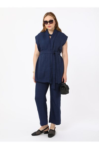 ALİA Plus Size Vest and Trousers Set - Navy Blue - Alia