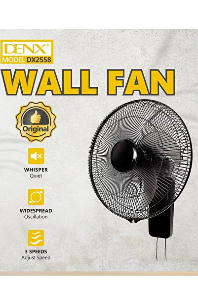 Denx 16 Inch Wall Fan High Performance Fan with 3 Speed ​​Controls, 5 Leaf Blades and 2 Pull Cord black