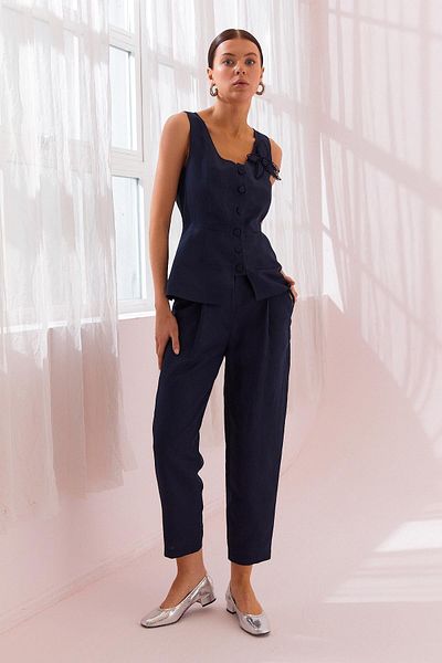 Naar Women's High Waist Narrow Leg Pocket Detail Ankle Length Navy Blue Trousers Naar12227-Dark Blue