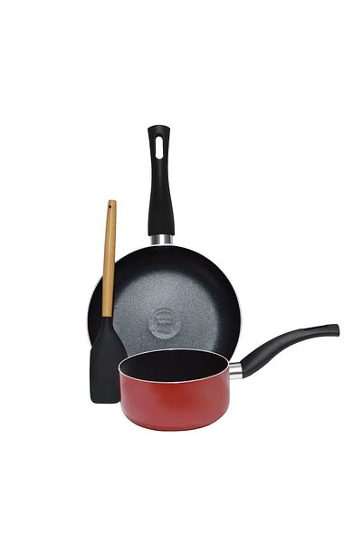 Sweet Home Non-Stick 3 pcs Cookware Set with Frypan and Sauce Pan - Heat-Resistant Handle, Laddle Included