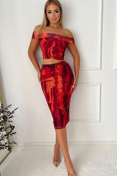 Mossta Patterned Tulle Crop Blouse and Midi Skirt Set - Red