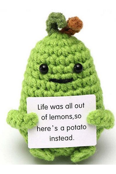 OEM Knitted Mascot, Potato / Lemon Pattern, Positive Potato, Motivational Message, 7 Cm
