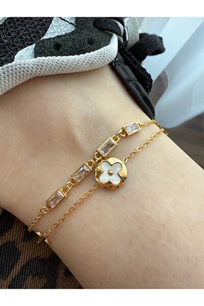 Pinery Jewels Baget Taşlı Yonca Çelik Kararmaz Kadın Halhal - Modern ve Şık T...