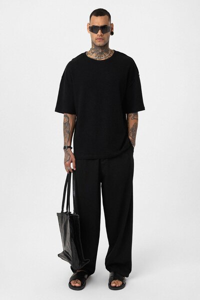 VAMOSCLO Arka Yazı Baskılı Oversize Triko Tişört Siyah