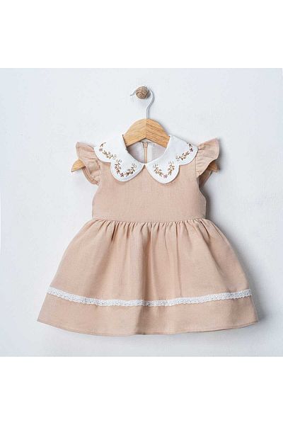 VİYOLİNA Collar Embroidered Linen Luxury Dress