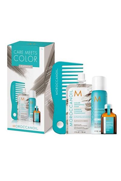 Moroccanoil Set Care Meets Color Platinum: Mască de păr 30 ml, Ulei 15 ml, Șampon uscat 62 ml, Pieptene 30 ml