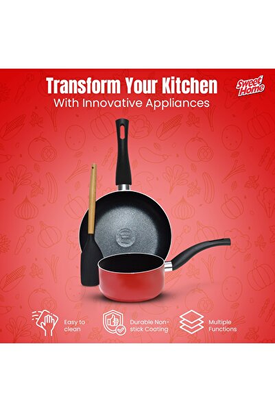 Sweet Home Non-Stick 3 pcs Cookware Set with Frypan and Sauce Pan - Heat-Resistant Handle, Laddle Included