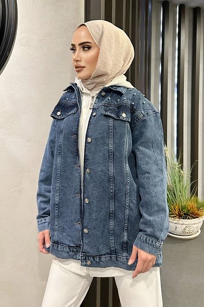 TOFİSA Jachetă de blugi oversize cu detaliu de piatră de umăr pentru femei Albastru închis - 26616