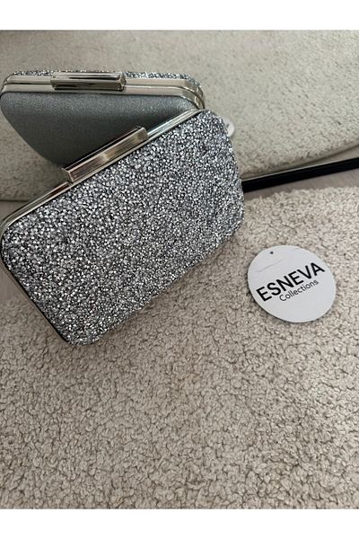 ESNEVA Women's Double Color Gray Diamond Stone Stylish Design Evening Dress Hand Bag