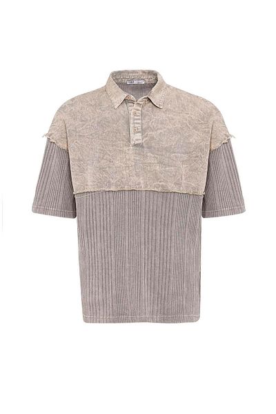 VAMOSCLO Washable Oversize Polo Neck T-Shirt Stone