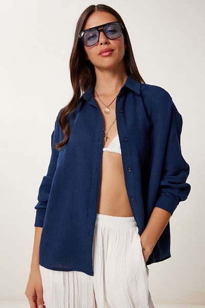 Lovelyİstanbul Cămașă oversize de muselină ALBASTRU ÎNCHIS LRG0027