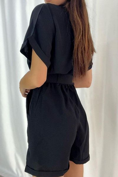 Mossta Double Breasted Collar Belted Mini Jumpsuit - Black