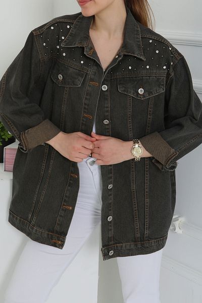 TOFİSA Women's Shoulder Stone Detailed Oversize Denim Jacket Brown Tint Wash - 26616