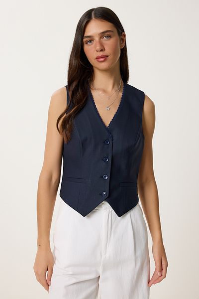 Lovelyİstanbul Lace Detailed Woven Vest Dark Blue Lvw0004