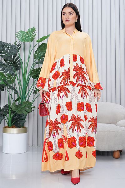 EL jadida Women's Patterned Plus Size Hijab Viscose Dress Yellow