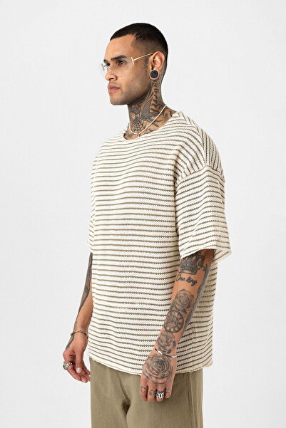 VAMOSCLO Ριγέ Oversize Πλεκτό T-Shirt Χακί