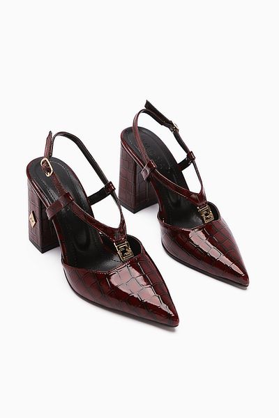 Limoya Celina Burgundy Crocodile Patterned Pointed Toe Women's Heeled Shoes
