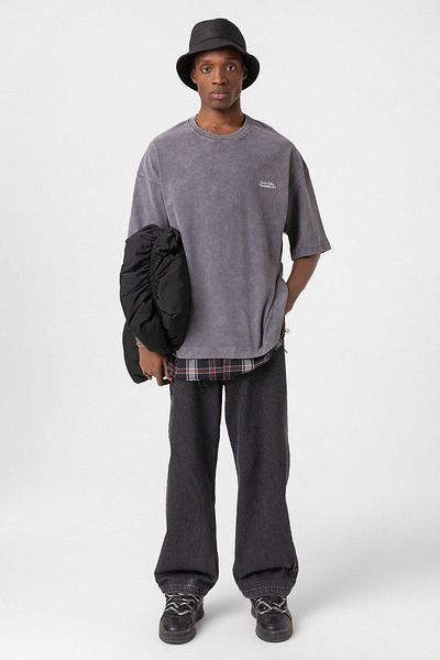 VAMOSCLO Washable Oversize Plaid Detailed T-Shirt Smoked