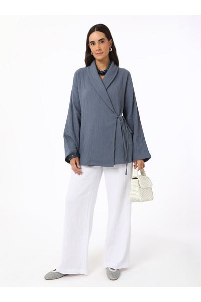 Benin Cotton Muslin Kimono with Tie Detail - Gray Blue - Benin
