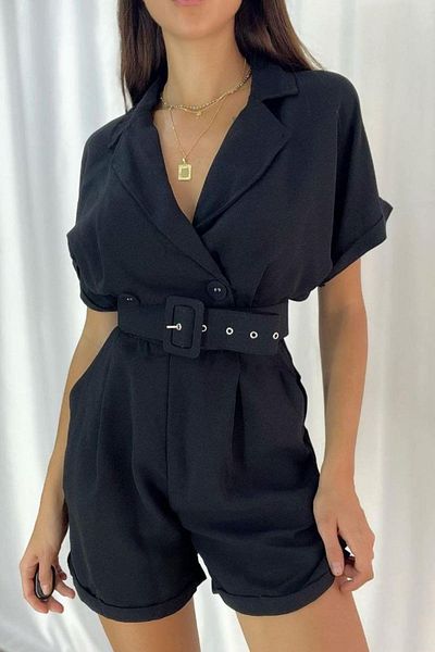Mossta Double Breasted Collar Belted Mini Jumpsuit - Black