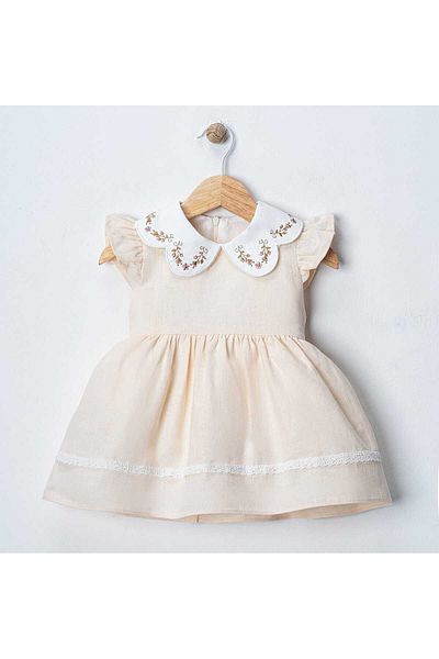 VİYOLİNA Collar Embroidered Linen Luxury Dress